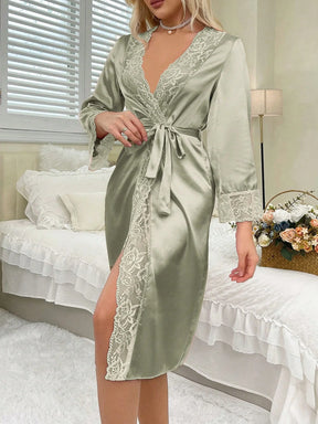 Robe elegante com decote em V profundo, manga longa, amarração na cintura e bainha dividida para mulheres
