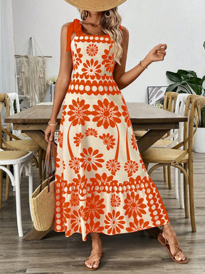 Breezaya Vestido Longo com Estampa Floral, Amarração no Ombro, Cintura com Alças, Vestido Casual de Férias, Roupas de Praia para Mulheres