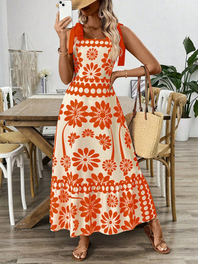 Breezaya Vestido Longo com Estampa Floral, Amarração no Ombro, Cintura com Alças, Vestido Casual de Férias, Roupas de Praia para Mulheres
