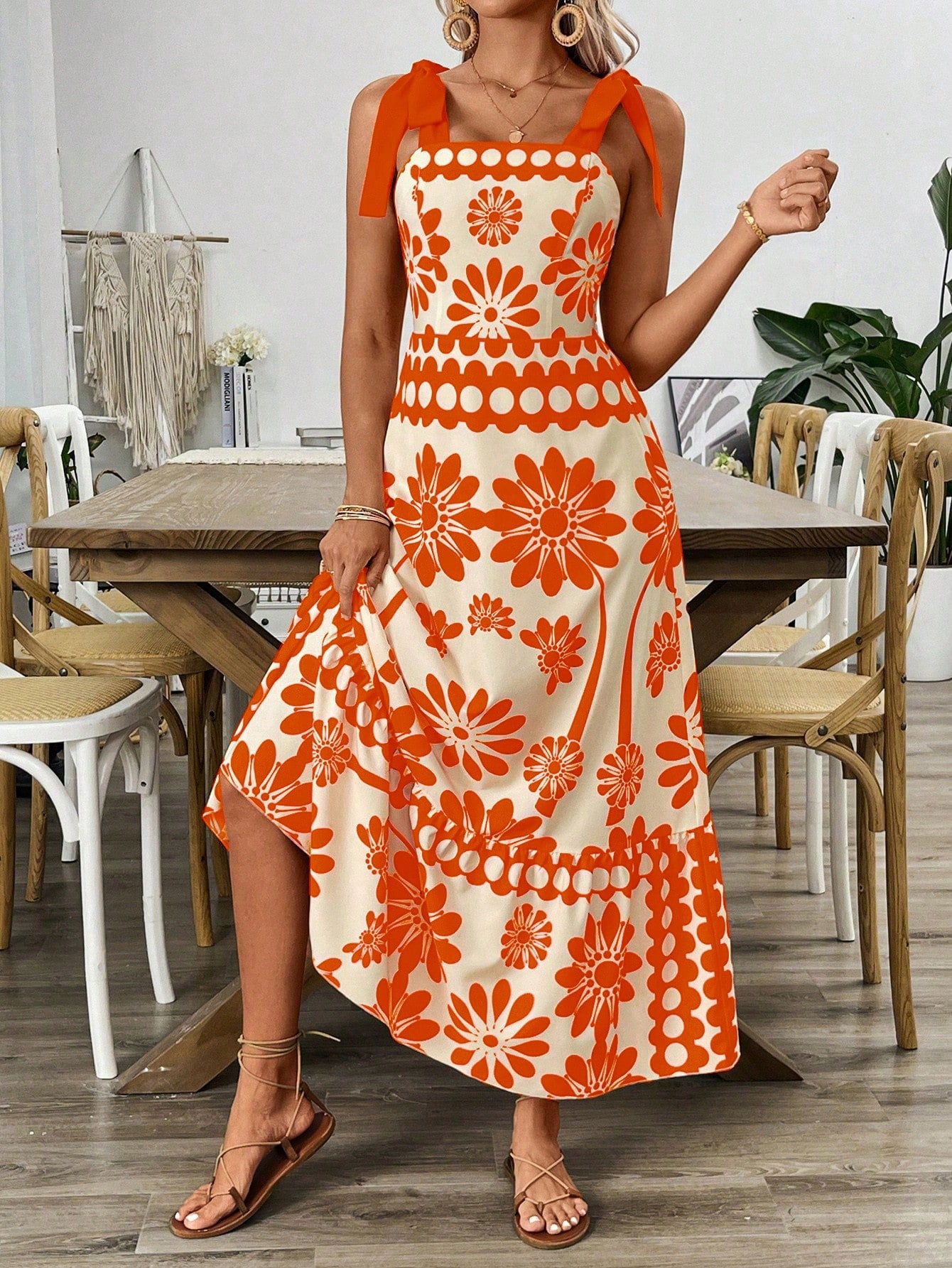Breezaya Vestido Longo com Estampa Floral, Amarração no Ombro, Cintura com Alças, Vestido Casual de Férias, Roupas de Praia para Mulheres