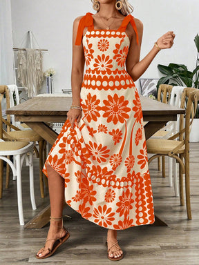 Breezaya Vestido Longo com Estampa Floral, Amarração no Ombro, Cintura com Alças, Vestido Casual de Férias, Roupas de Praia para Mulheres