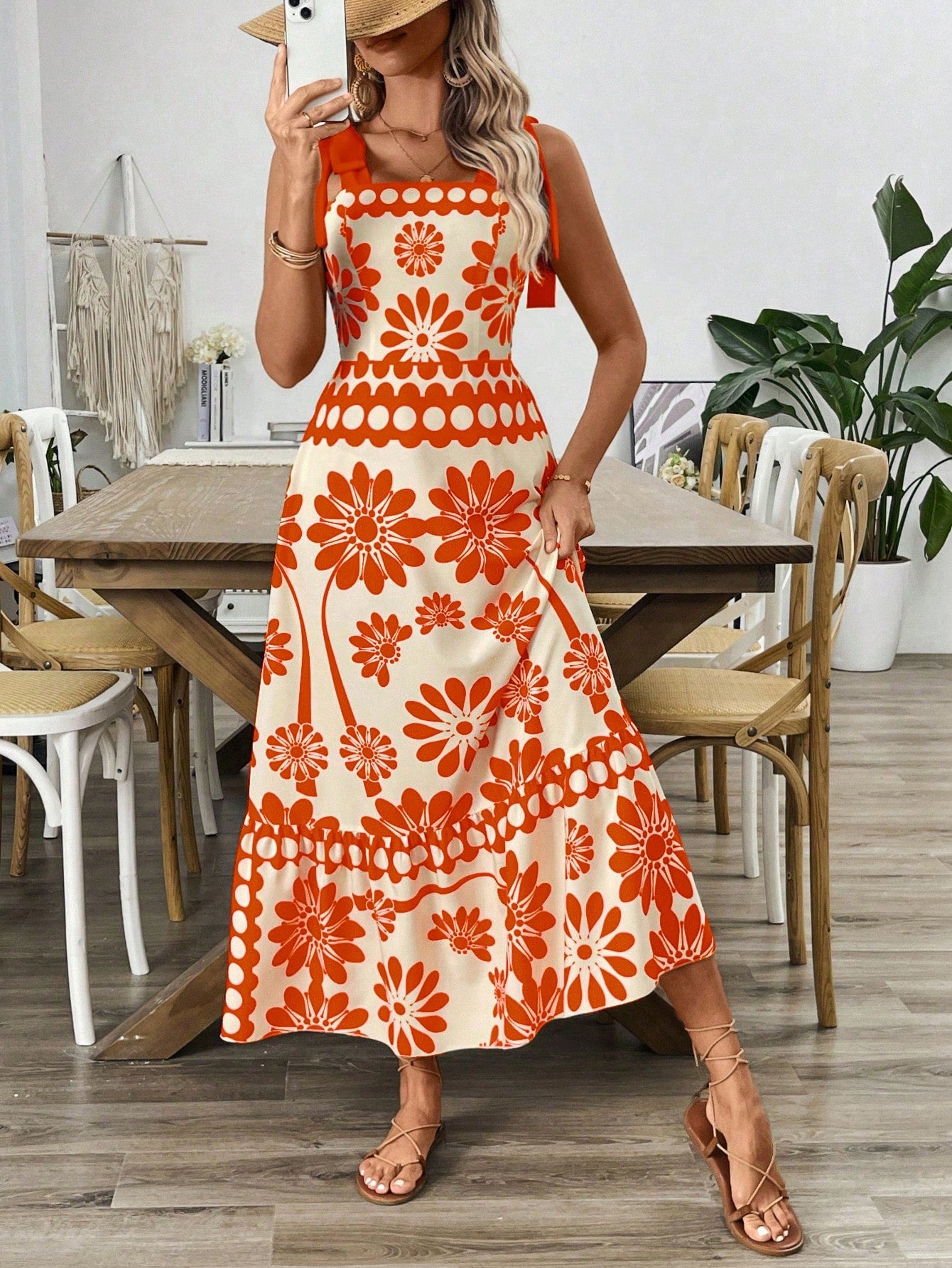 Breezaya Vestido Longo com Estampa Floral, Amarração no Ombro, Cintura com Alças, Vestido Casual de Férias, Roupas de Praia para Mulheres