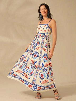 CAJUNI Vestido de Verão Casual Feminino com Estampa de Selenipédio e Azálea, de Tiras Finas e Costas Abertas, Elegante e Gracioso