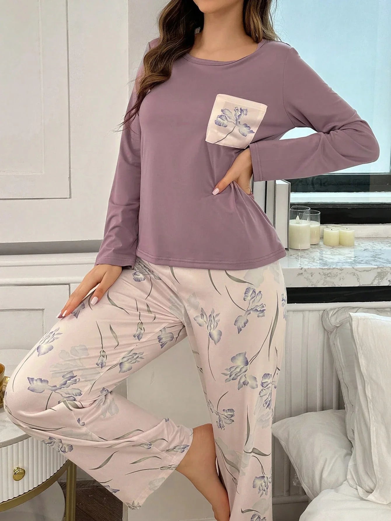 Conjunto de Pijama de Manga Longa com Estampa Floral