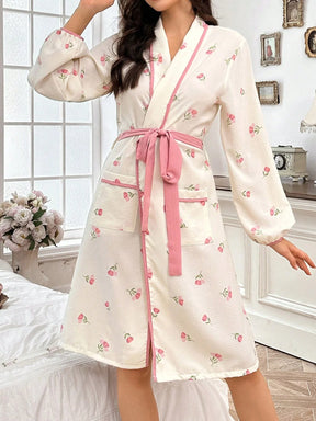 CottageSlumber Roupão Feminino com Estampa Floral, Bolsos Duplos, Lapela Contrastante e Cinto