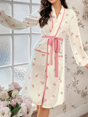 CottageSlumber Roupão Feminino com Estampa Floral, Bolsos Duplos, Lapela Contrastante e Cinto