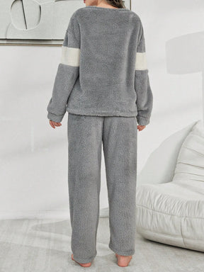 SHEIN My Everyday Conjunto de Pijama de Mangas Longas e Calça Comprida com Contraste de Cor em Tecido Plush