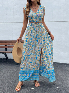 Breezaya Vestido Longo Moda Praia Mulheres com Estampa Floral, Babados e Fenda na Coxa