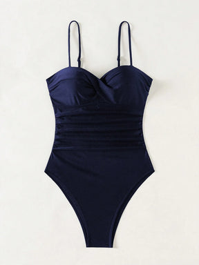 SHEIN Swim 1 Peça Macacão de Banho Feminino de Cor Sólida, com Alças de Espaguete Torcidas, para Verão, com Suporte Interno e Efeito Push-Up