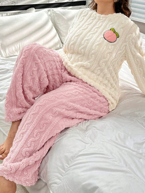 2 peças Conjunto Casual Plus Size Quente com Parte Superior Bordada em Cor de Damasco Forrada de Pelúcia e Calça Rosa