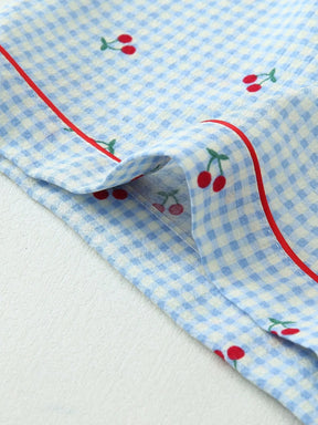 2 peças Conjunto de Pijama Feminino Estampa de Cereja Fofo, Top com Botões de Lapela e Manga Curta, e Shorts com Laço, Roupa de Dormir e Loungewear de Verão, Conjunto de Duas Peças