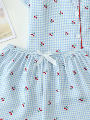 2 peças Conjunto de Pijama Feminino Estampa de Cereja Fofo, Top com Botões de Lapela e Manga Curta, e Shorts com Laço, Roupa de Dormir e Loungewear de Verão, Conjunto de Duas Peças