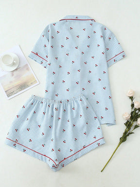 2 peças Conjunto de Pijama Feminino Estampa de Cereja Fofo, Top com Botões de Lapela e Manga Curta, e Shorts com Laço, Roupa de Dormir e Loungewear de Verão, Conjunto de Duas Peças