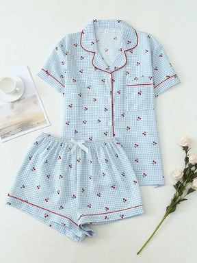 2 peças Conjunto de Pijama Feminino Estampa de Cereja Fofo, Top com Botões de Lapela e Manga Curta, e Shorts com Laço, Roupa de Dormir e Loungewear de Verão, Conjunto de Duas Peças