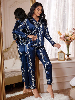 LuxeNights Conjunto de Pijama com Blusa de Cetim com Pesponto Contrastante e Estampa Floral e Calça