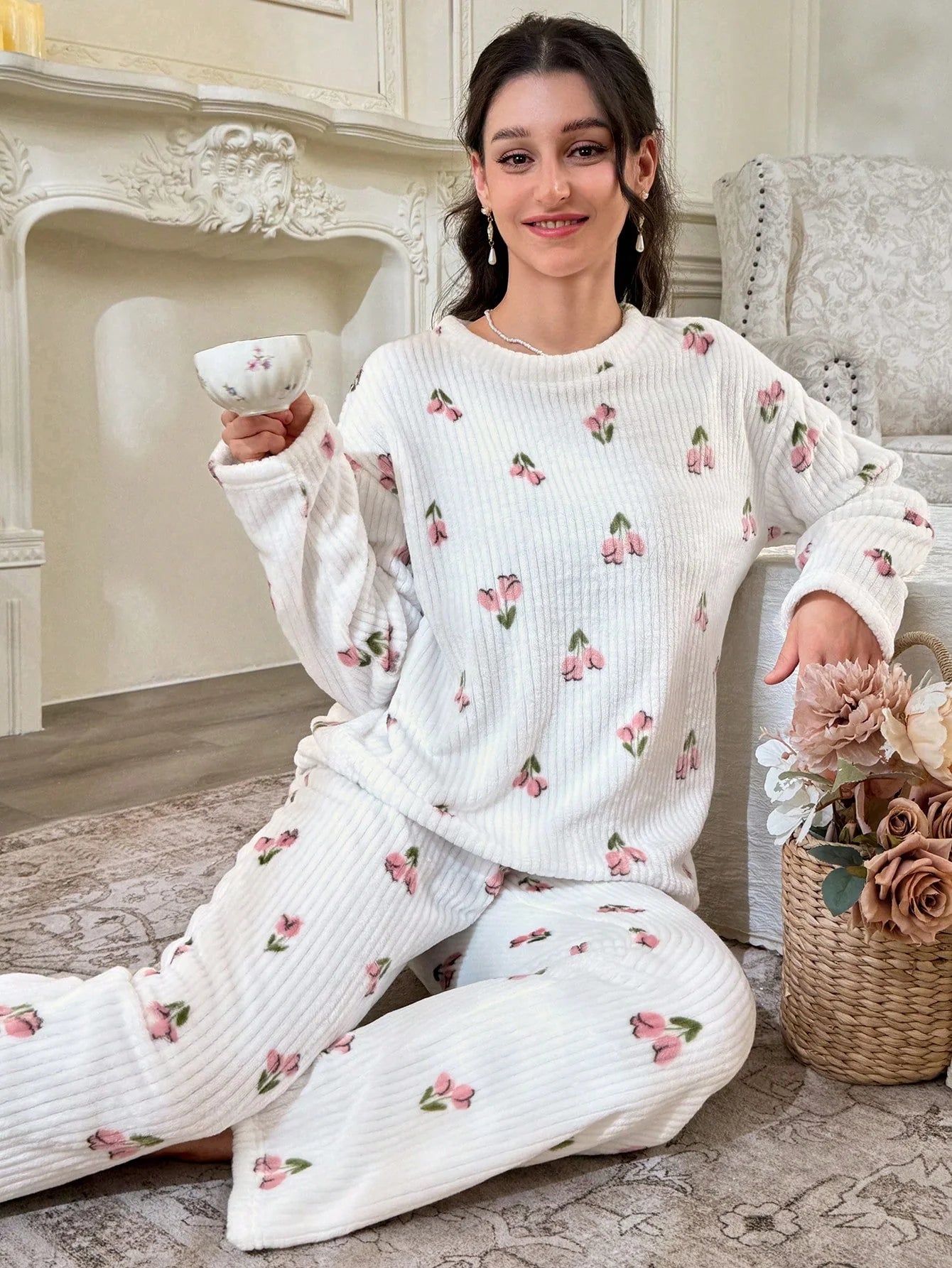 CottageSlumber Conjunto de Pijama Feminino de Moletom com Estampa Floral - Blusa e Calça
