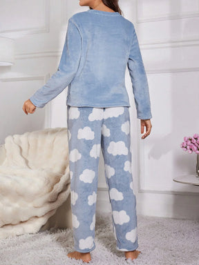 Conjunto de Pijama de Manga Longa de Flanela com Bordado de Cílios