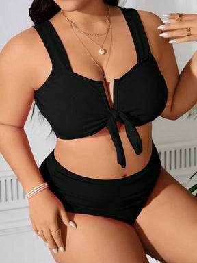 SHEIN Swim Curve 2 Peças/Conjunto Maiô Bikini com Fita Ajustável e Laço em Marrom Plus Size, Verão