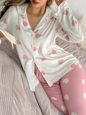 SweetSlumber Conjunto de pijama feminino com contraste de cor no colarinho em formato de coração
