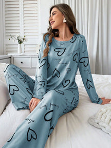 Conjunto de Pijama Casual com Top de Manga Longa com Estampa Completa e Gola Careca e Calça, Para Mulheres