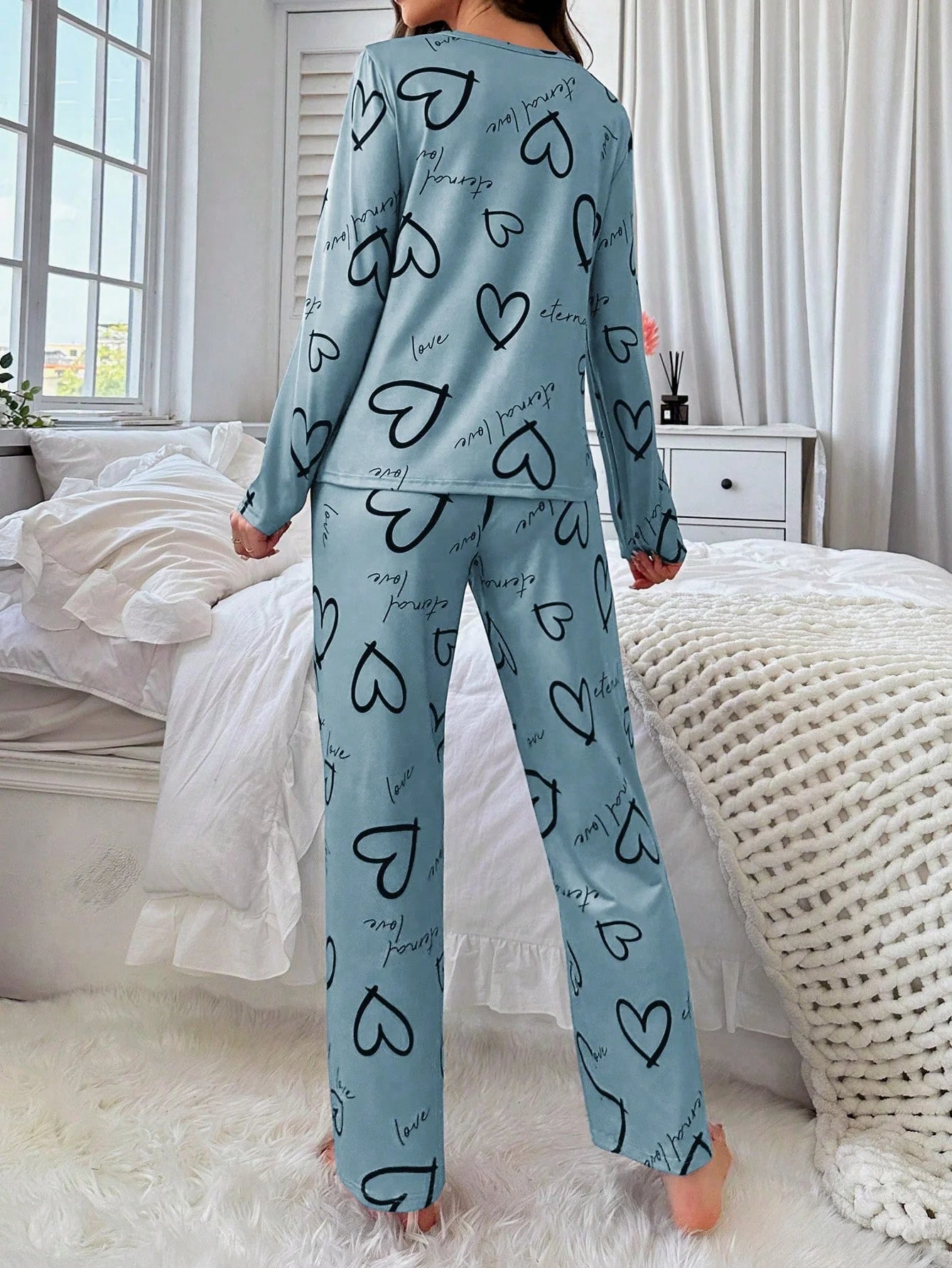 Conjunto de Pijama Casual com Top de Manga Longa com Estampa Completa e Gola Careca e Calça, Para Mulheres