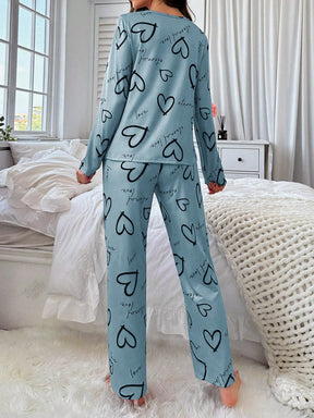 Conjunto de Pijama Casual com Top de Manga Longa com Estampa Completa e Gola Careca e Calça, Para Mulheres