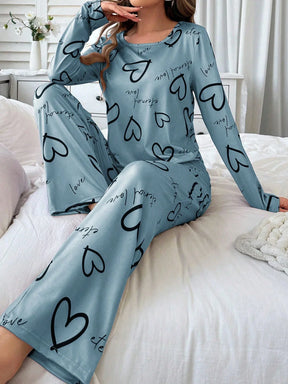 Conjunto de Pijama Casual com Top de Manga Longa com Estampa Completa e Gola Careca e Calça, Para Mulheres