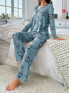 Conjunto de Pijama Casual com Top de Manga Longa com Estampa Completa e Gola Careca e Calça, Para Mulheres