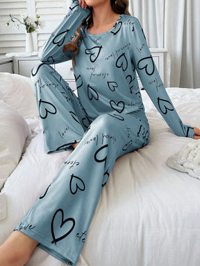 Conjunto de Pijama Casual com Top de Manga Longa com Estampa Completa e Gola Careca e Calça, Para Mulheres