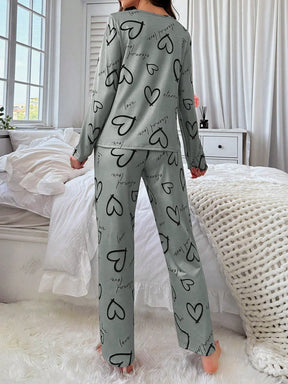 Conjunto de Pijama Casual com Top de Manga Longa com Estampa Completa e Gola Careca e Calça, Para Mulheres