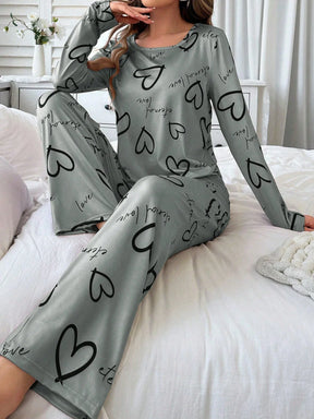 Conjunto de Pijama Casual com Top de Manga Longa com Estampa Completa e Gola Careca e Calça, Para Mulheres