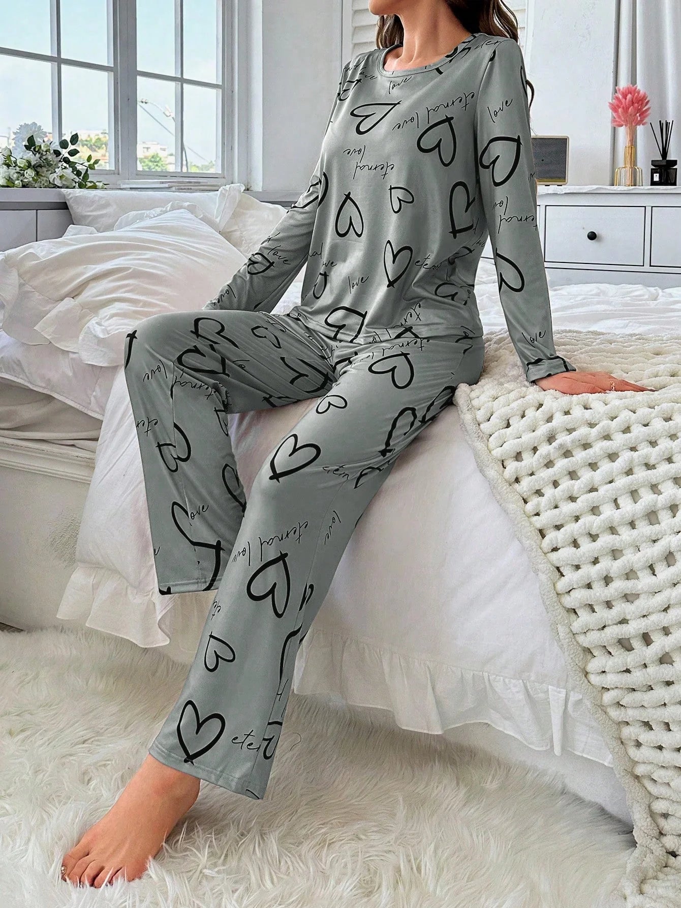Conjunto de Pijama Casual com Top de Manga Longa com Estampa Completa e Gola Careca e Calça, Para Mulheres
