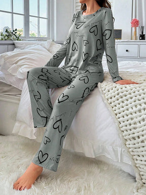 Conjunto de Pijama Casual com Top de Manga Longa com Estampa Completa e Gola Careca e Calça, Para Mulheres