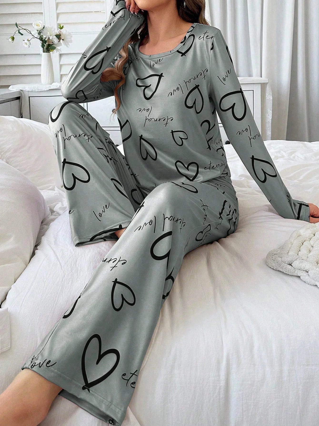 Conjunto de Pijama Casual com Top de Manga Longa com Estampa Completa e Gola Careca e Calça, Para Mulheres