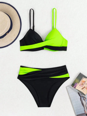 SHEIN Swim Conjunto de Bikini feminino com detalhe transversal em blocos de cores para o verão na praia