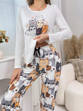 Conjunto de Pijama Feminino com Estampa Fofa de Gato