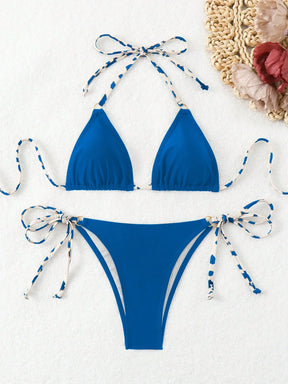 SHEIN Swim Conjunto de Maiô Bikini Estampado Aleatório, Decote em Halter, Costas Vazadas, Sensual, Praia de Verão