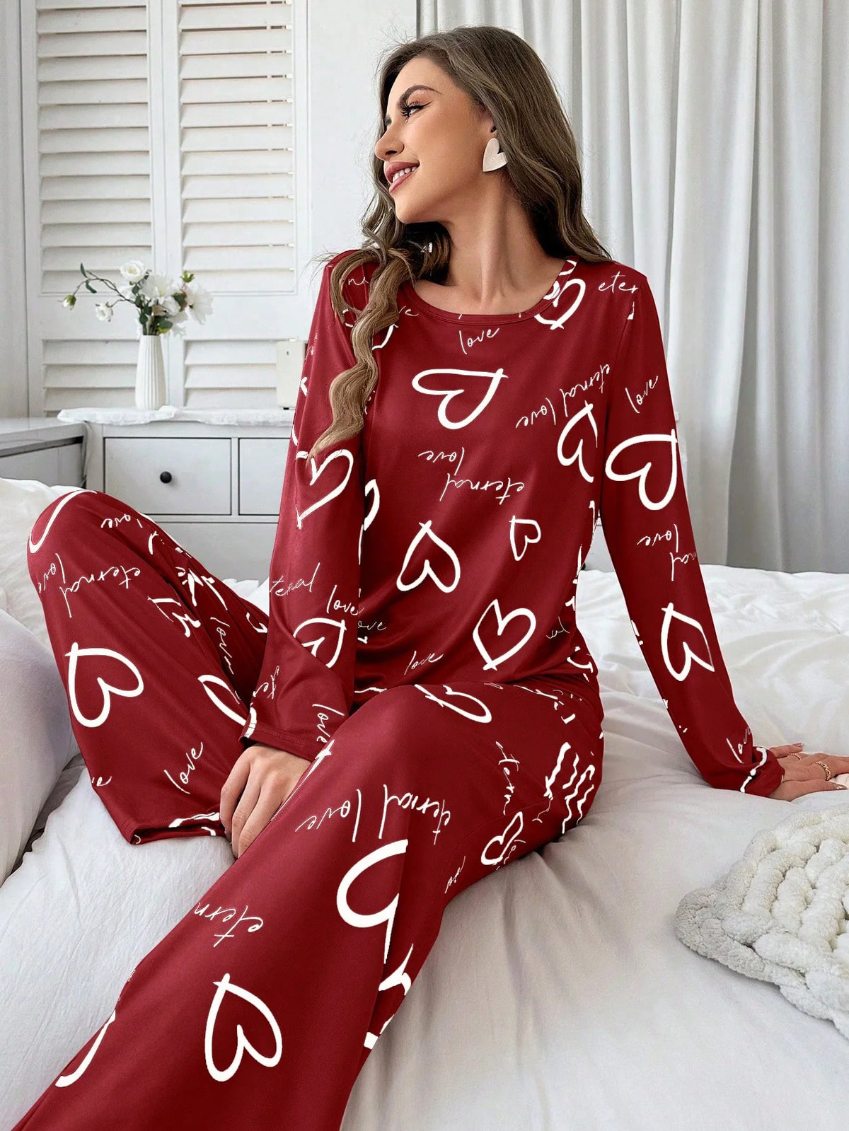 Conjunto de Pijama Casual com Top de Manga Longa com Estampa Completa e Gola Careca e Calça, Para Mulheres