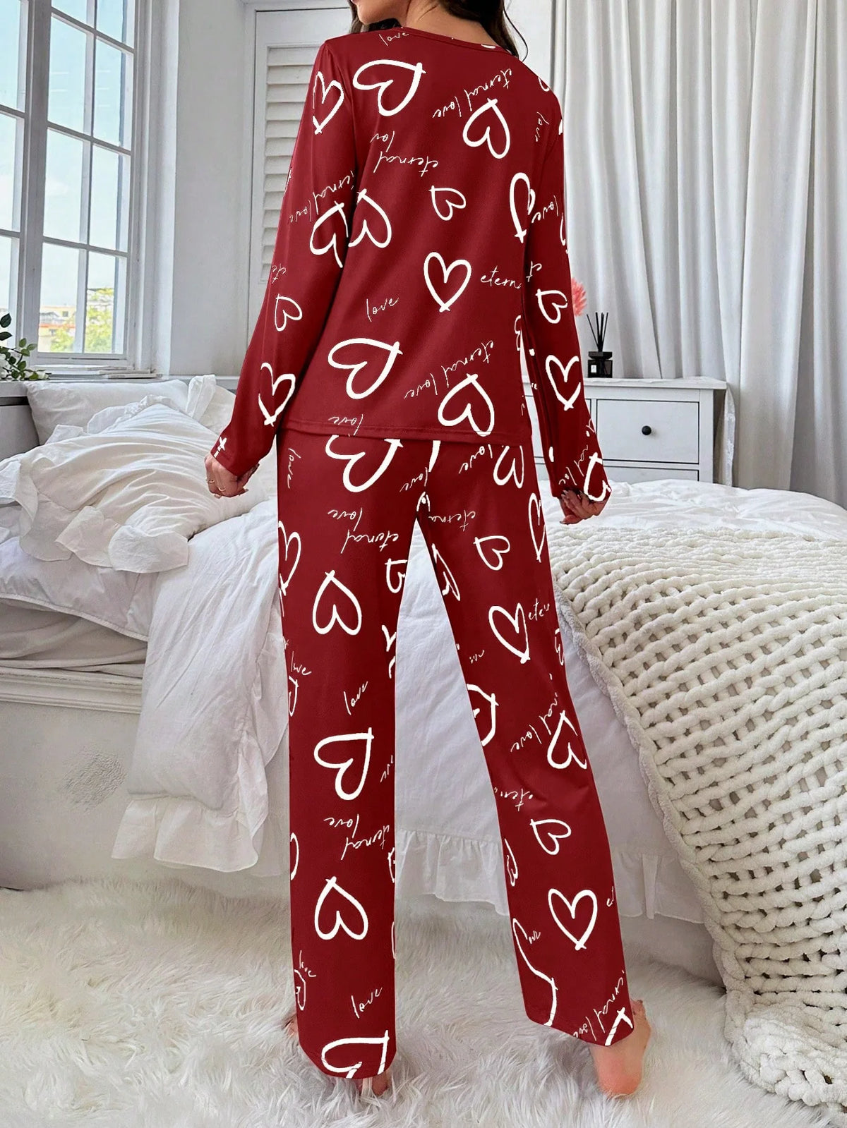 Conjunto de Pijama Casual com Top de Manga Longa com Estampa Completa e Gola Careca e Calça, Para Mulheres