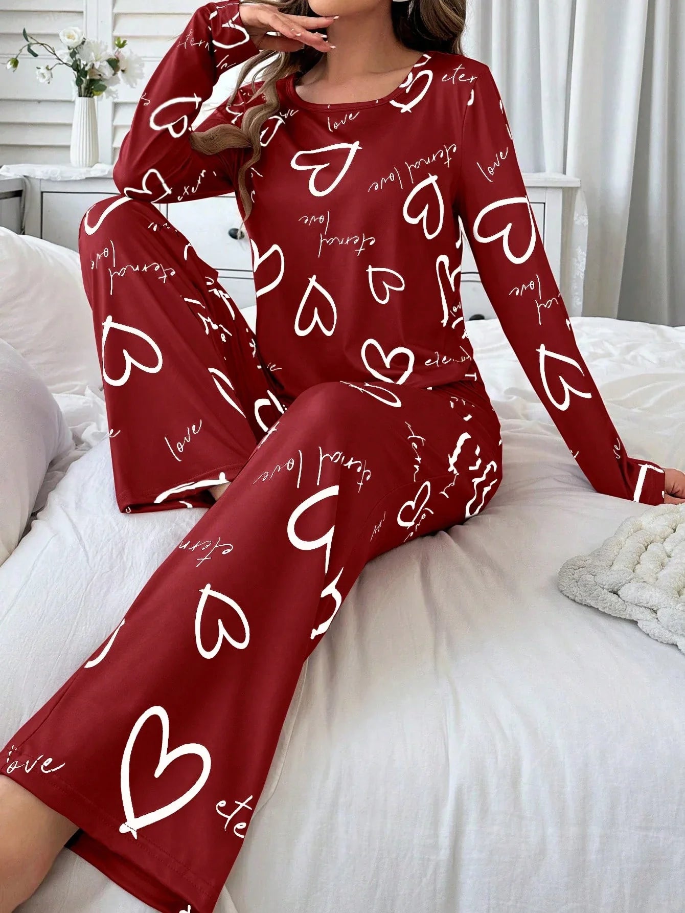 Conjunto de Pijama Casual com Top de Manga Longa com Estampa Completa e Gola Careca e Calça, Para Mulheres