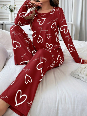 Conjunto de Pijama Casual com Top de Manga Longa com Estampa Completa e Gola Careca e Calça, Para Mulheres