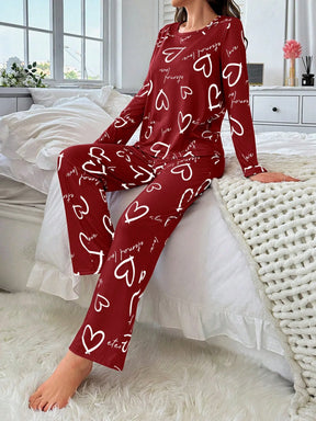 Conjunto de Pijama Casual com Top de Manga Longa com Estampa Completa e Gola Careca e Calça, Para Mulheres