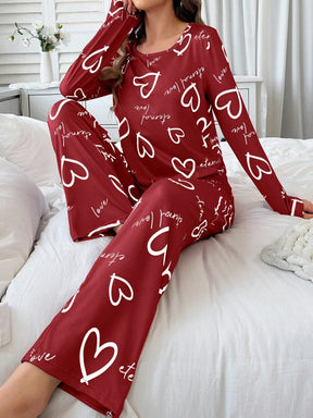 Conjunto de Pijama Casual com Top de Manga Longa com Estampa Completa e Gola Careca e Calça, Para Mulheres