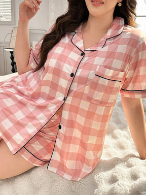 Conjunto de Pijama Estampa Xadrez com Gola para Mulheres Plus Size