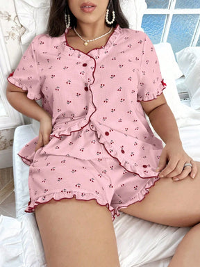 CottageSlumber Conjunto de Pijama Estampa de Cereja Tamanho Plus com Detalhes Pregueados e Frontal Aberto