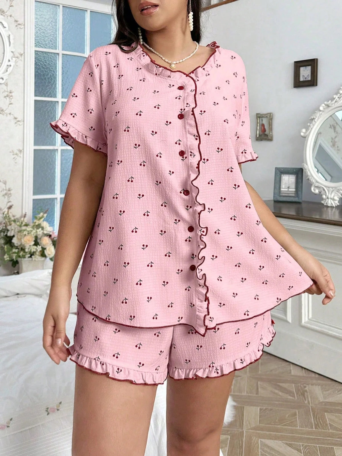 CottageSlumber Conjunto de Pijama Estampa de Cereja Tamanho Plus com Detalhes Pregueados e Frontal Aberto