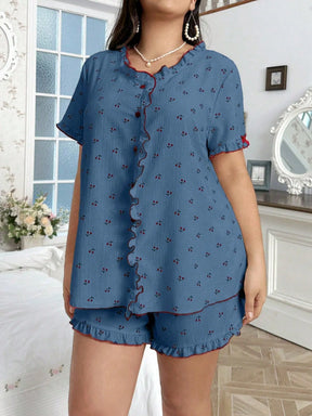 CottageSlumber Conjunto de Pijama Estampa de Cereja Tamanho Plus com Detalhes Pregueados e Frontal Aberto
