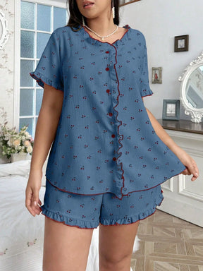 CottageSlumber Conjunto de Pijama Estampa de Cereja Tamanho Plus com Detalhes Pregueados e Frontal Aberto