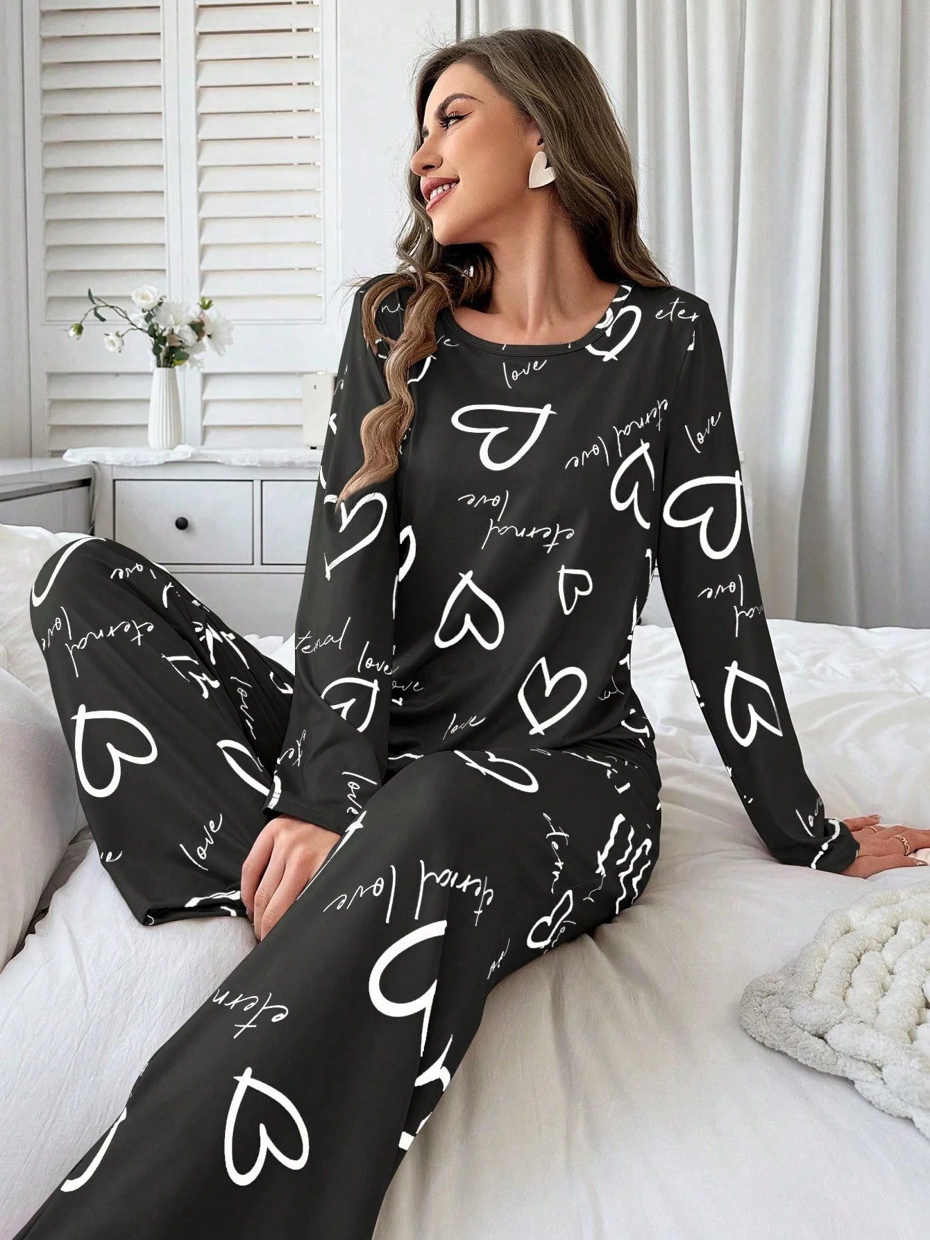 Conjunto de Pijama Casual com Top de Manga Longa com Estampa Completa e Gola Careca e Calça, Para Mulheres