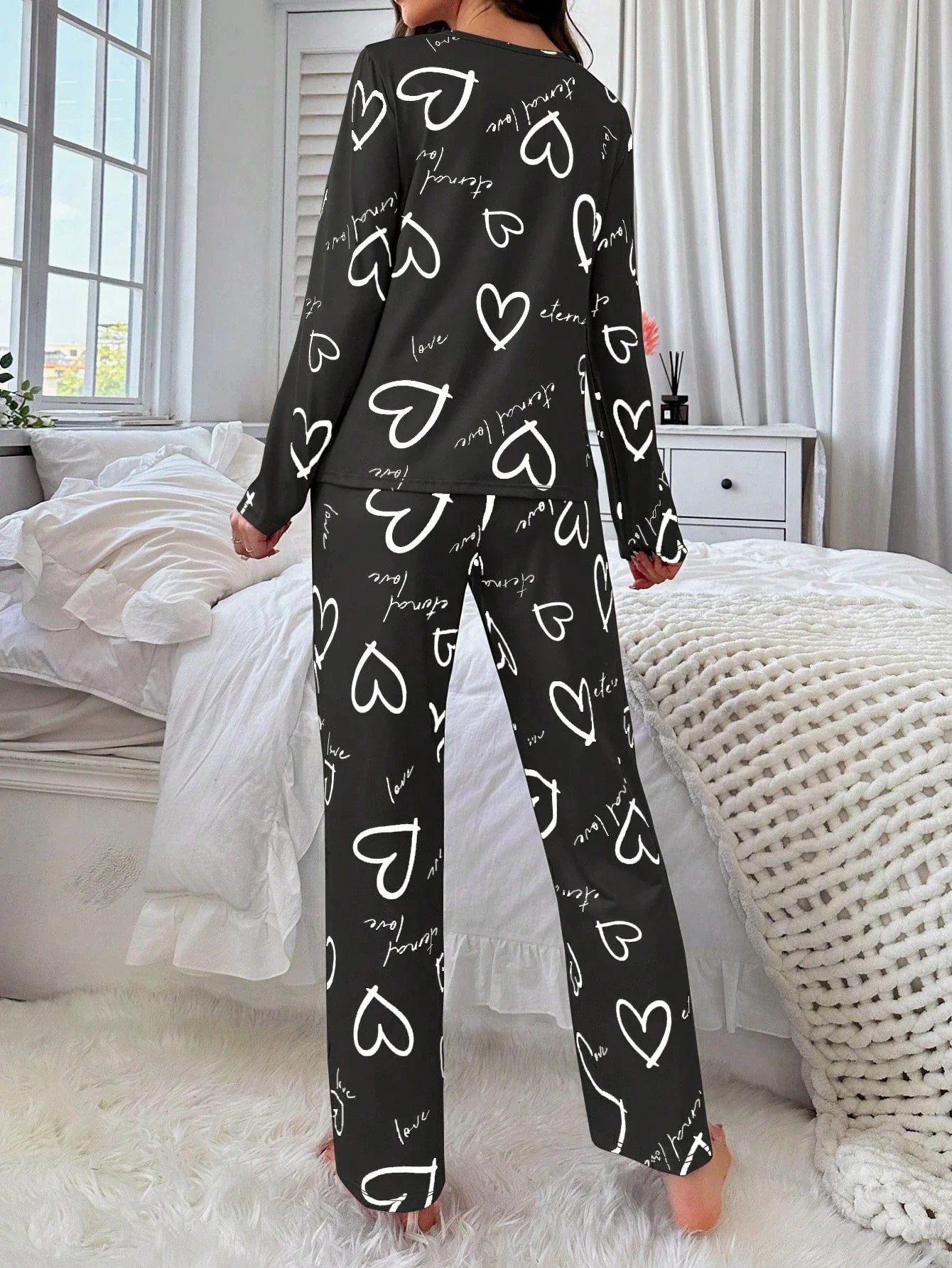 Conjunto de Pijama Casual com Top de Manga Longa com Estampa Completa e Gola Careca e Calça, Para Mulheres
